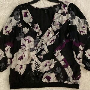 White House Black Market Ladies Blouse Sheer Black and Purple Floral Size Med